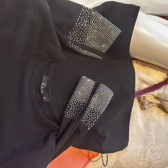 KIKIRIKI Black Long-Sleeve Crewneck Top with Crystal-Embellished Cuffs size S - Picture 2 of 15